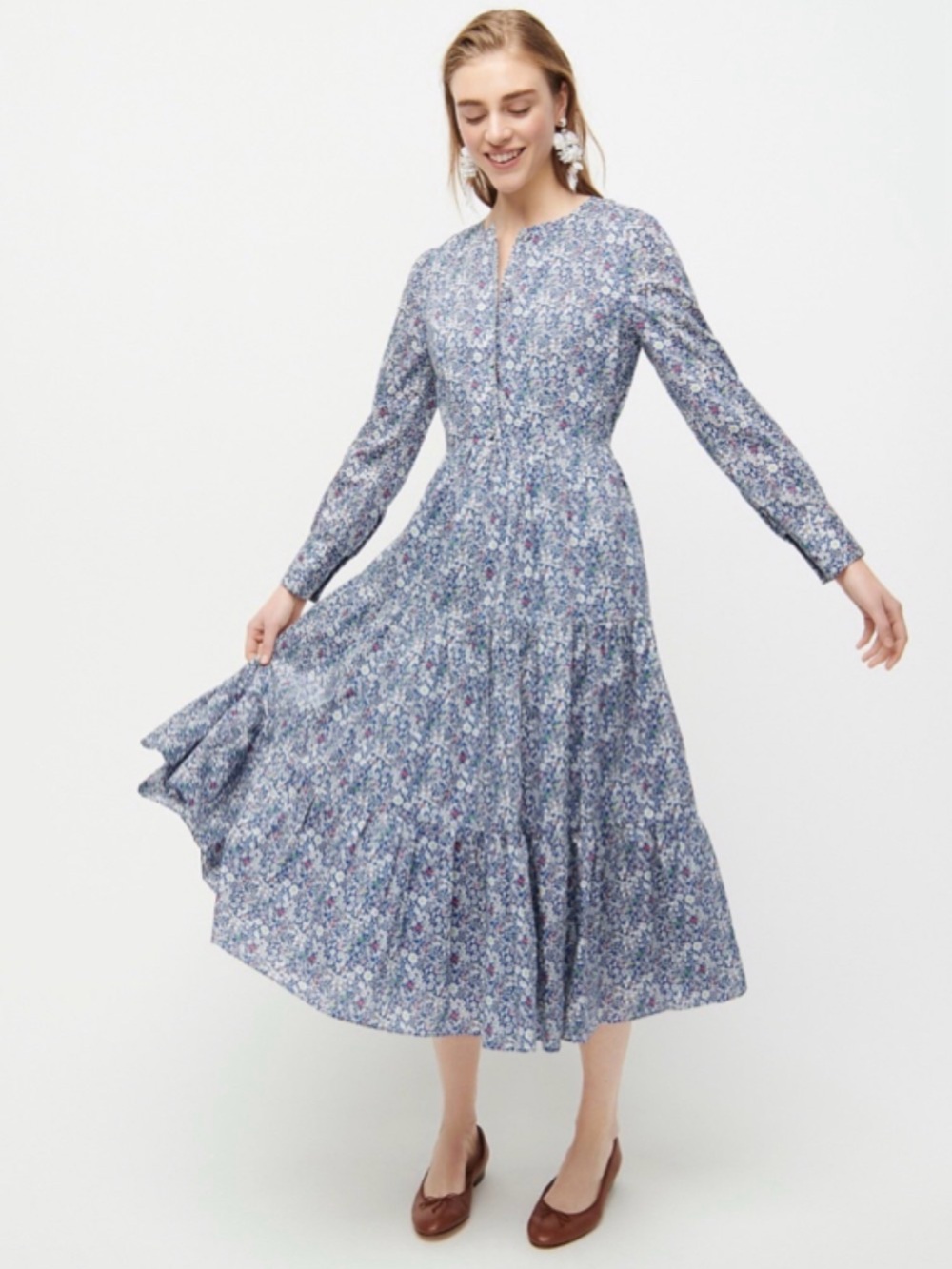 J CREW Sz 6 Liberty Fabric Ditzy Floral Blue Long-Sleeve Tiered Midi Dress